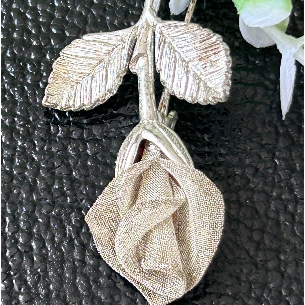 Vintage AK Anne Klein Rose Silver Tone Brooch Pin 2 1/4" Mesh Flower